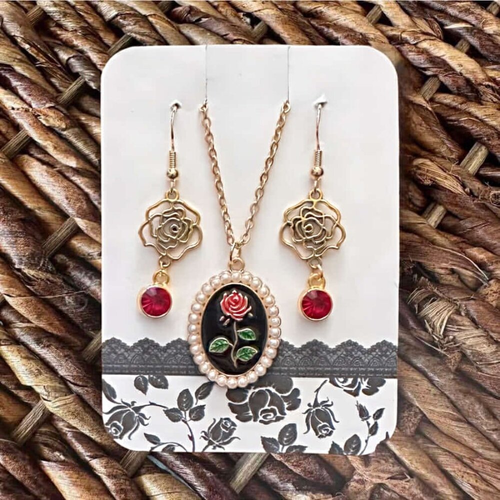 New Handmade Black Rose Pendant Necklace and Earrings Set